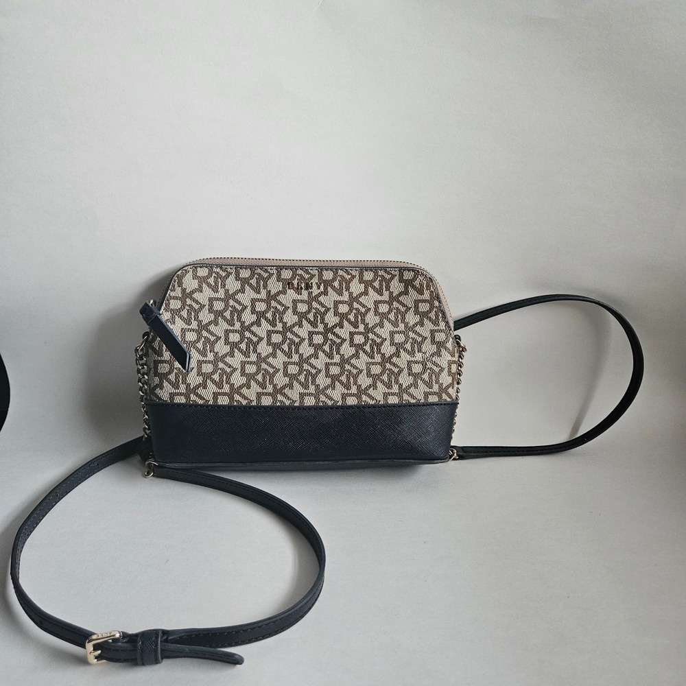 DKNY Monogram Jacquard Crossbody Bag Black Brown Dome Camera Bag Gold‎ Hardware